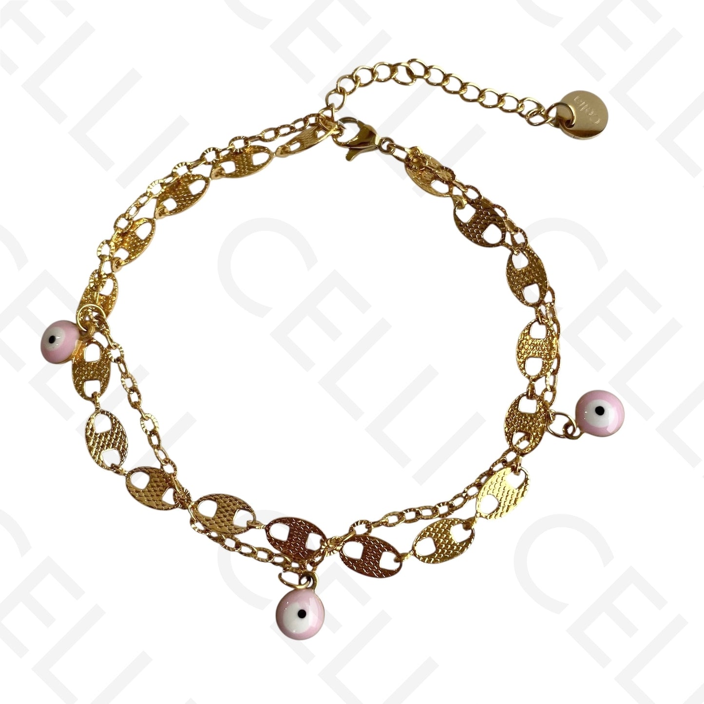 Colar/Pulseira Duplo de Aço - Olho Turco Rosa