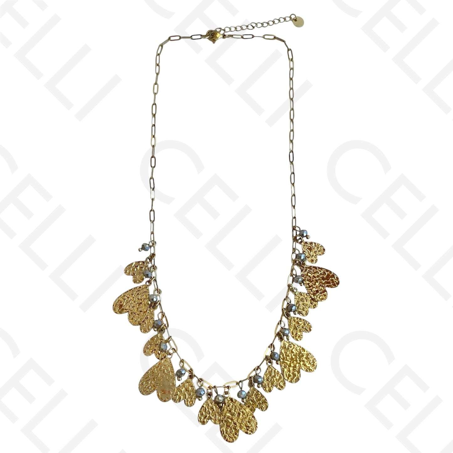 Colar de aço - multi pendentes de coração e cristais facetados