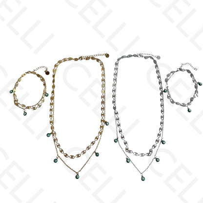 Double Steel Necklace/Bracelet - Green Evil Eye