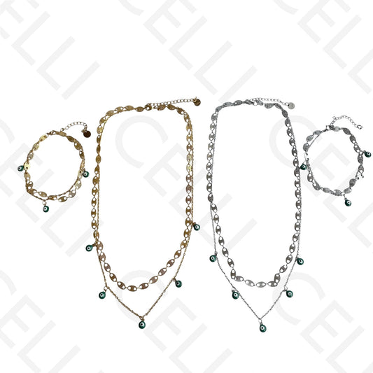 Colar/Pulseira Duplo de Aço - Olho Turco Verde