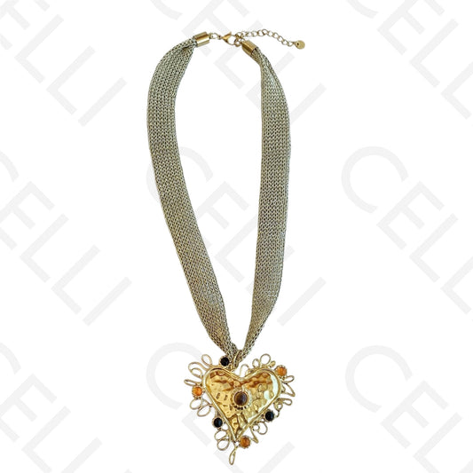 Colar de aço - tecido dourado com coração detalhado