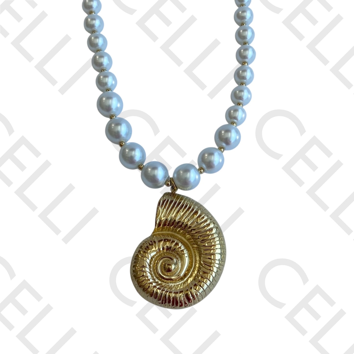 不锈钢项链 - 珍珠与螺旋壳吊坠