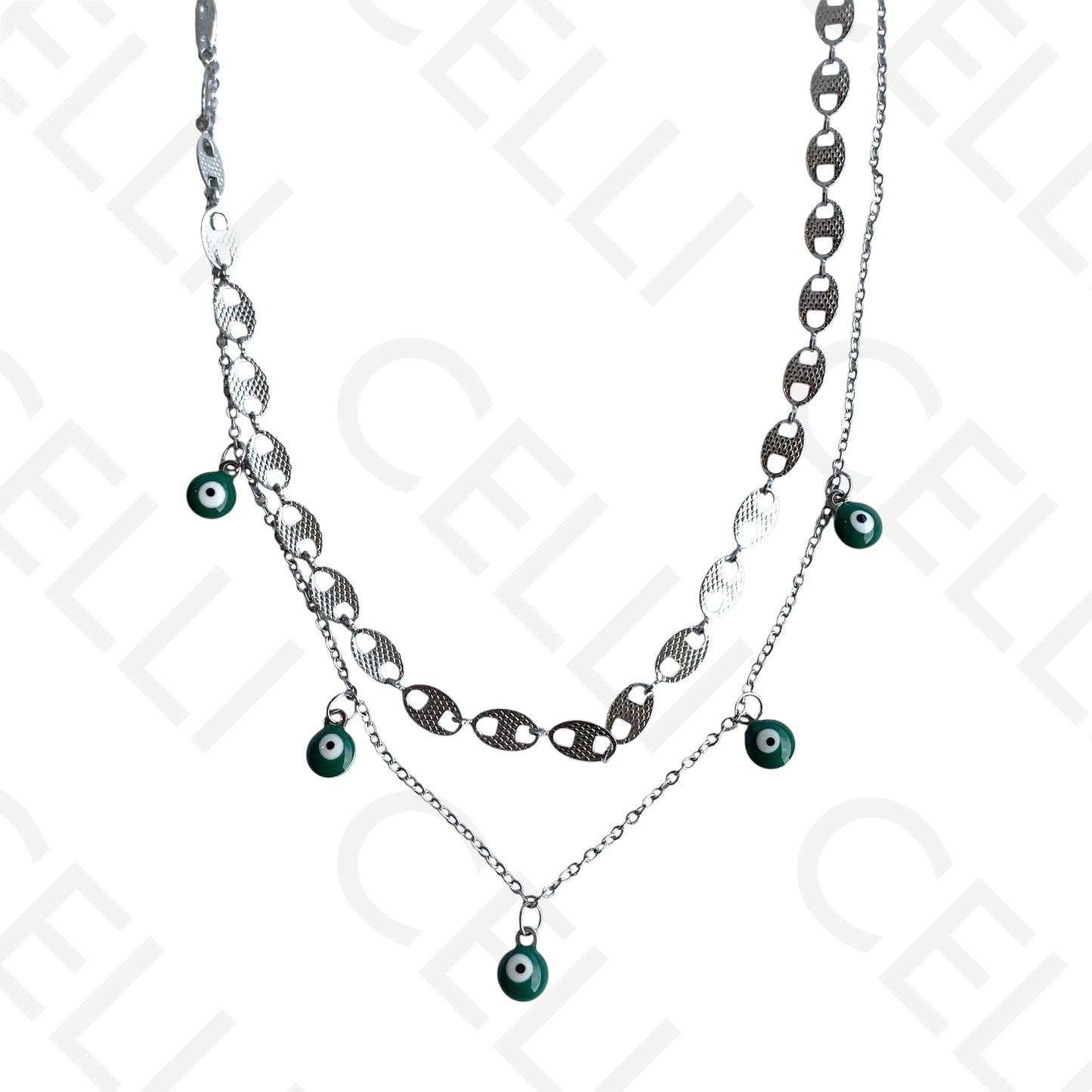 Double Steel Necklace/Bracelet - Green Evil Eye