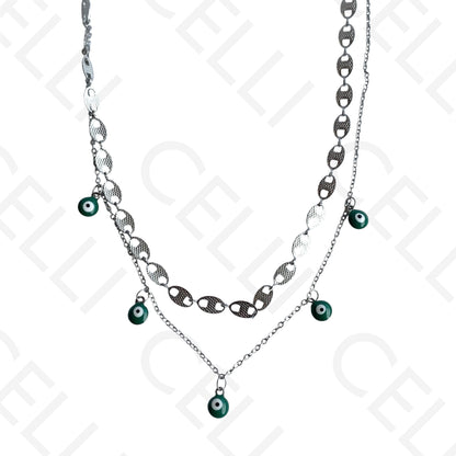 Double Steel Necklace/Bracelet - Green Evil Eye