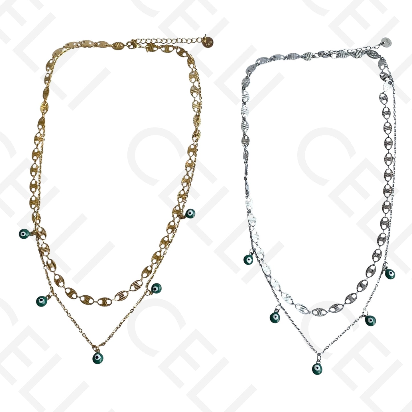 Double Steel Necklace/Bracelet - Green Evil Eye