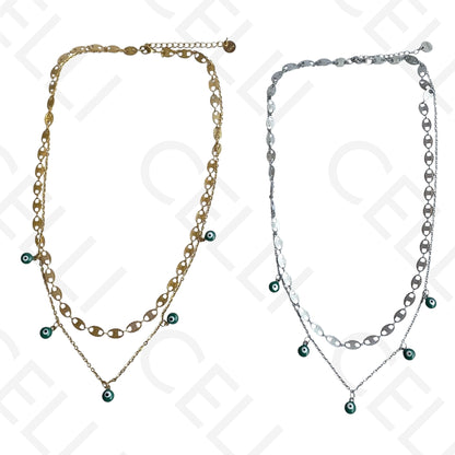 Double Steel Necklace/Bracelet - Green Evil Eye
