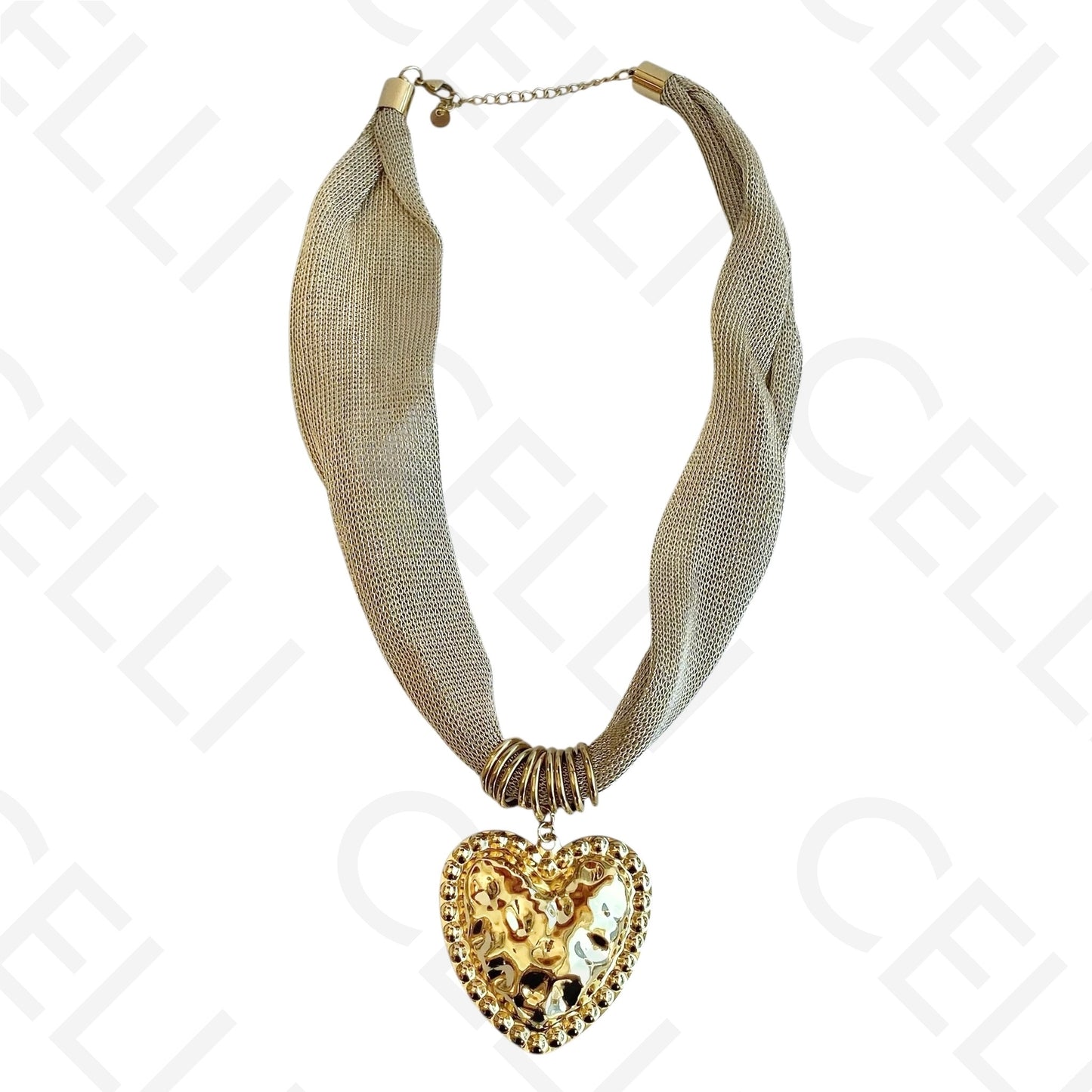 Colar de aço - tecido dourado con corazón trabajado