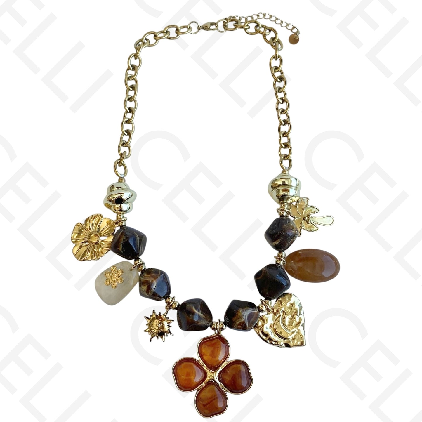 Colar de aço - contas acrilicas com pendente trevo