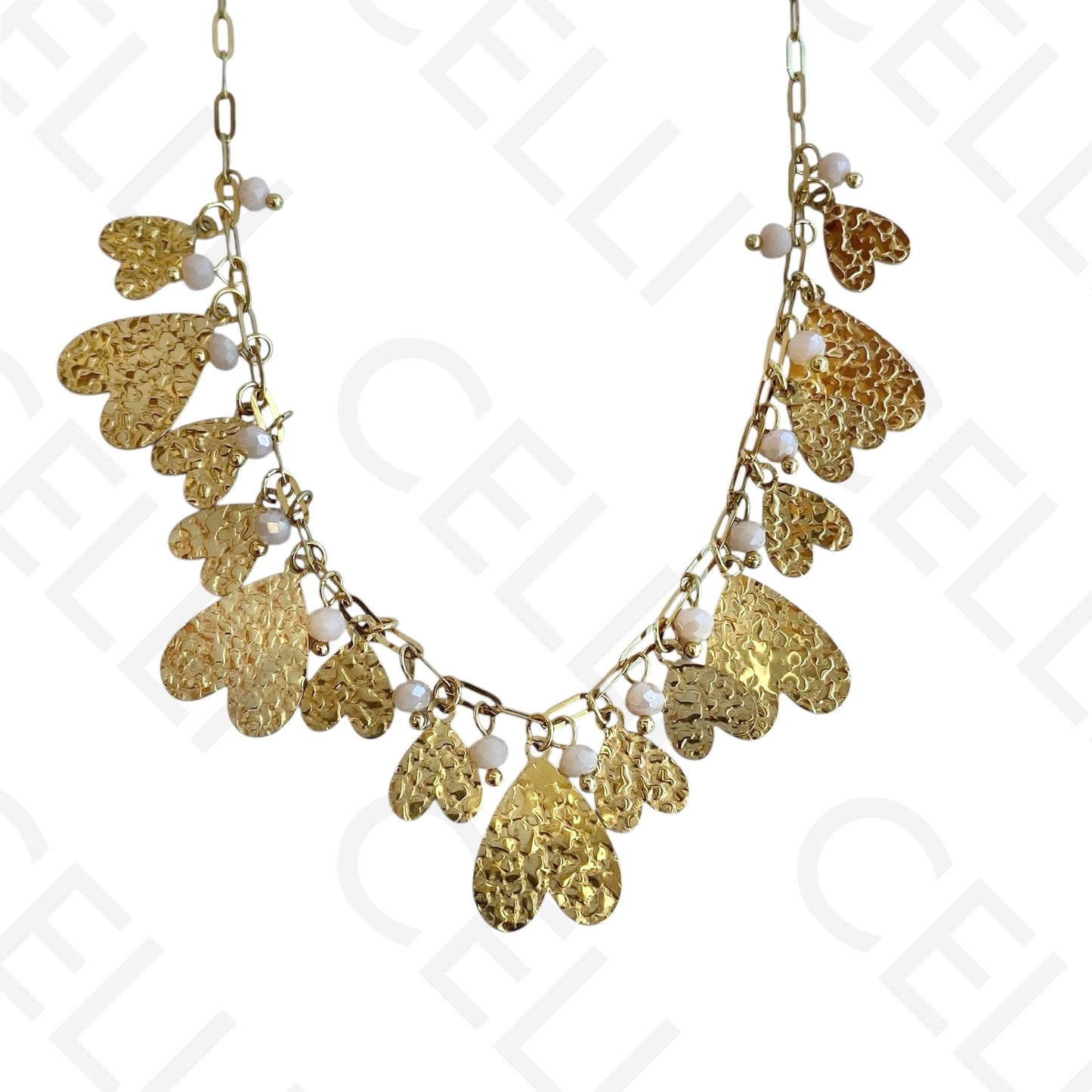 Colar de aço - multi pendentes de coração e cristais facetados