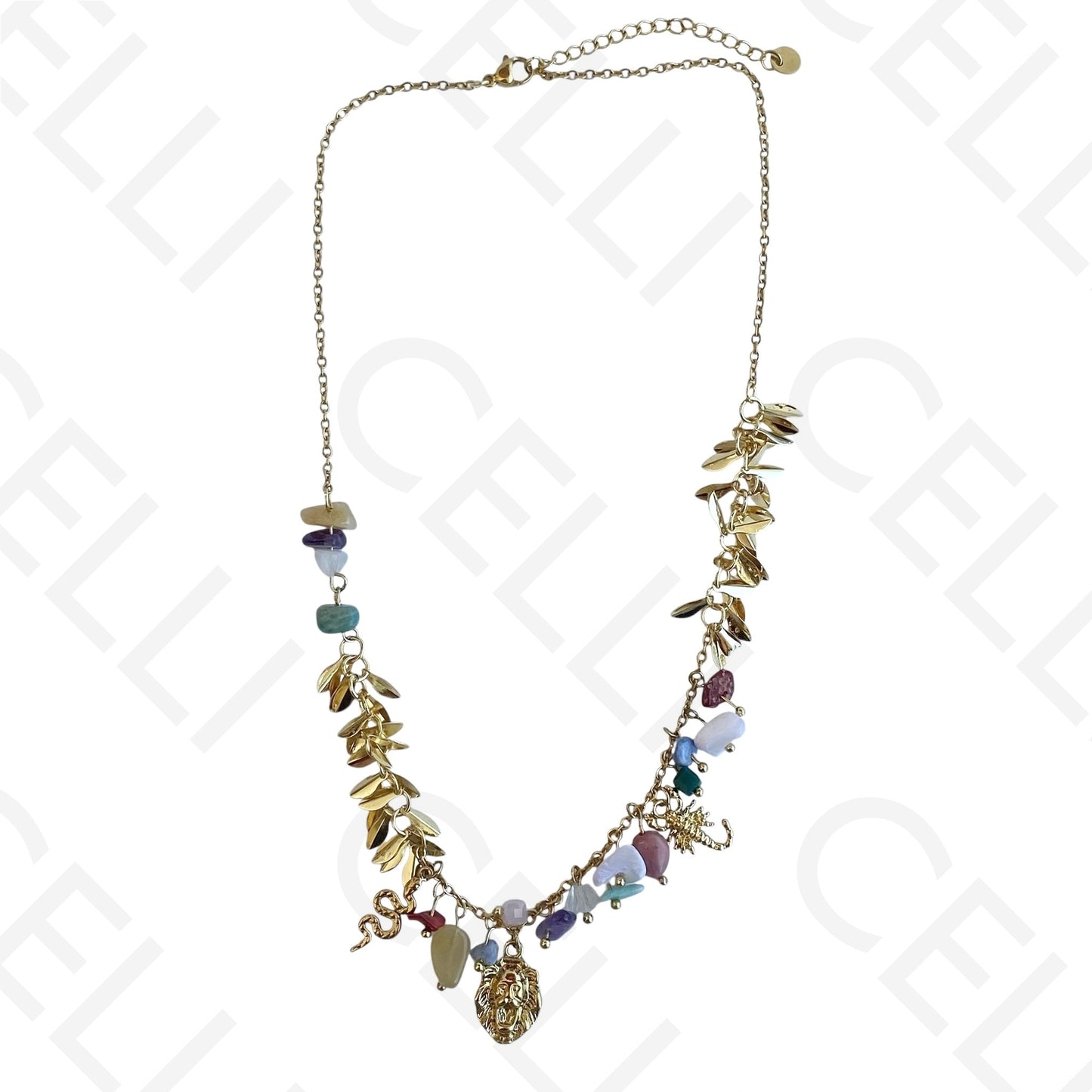 Colar de aço - pedras naturais com pendente leão