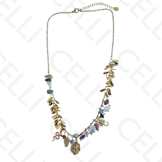 Colar de aço - pedras naturais com pendente leão