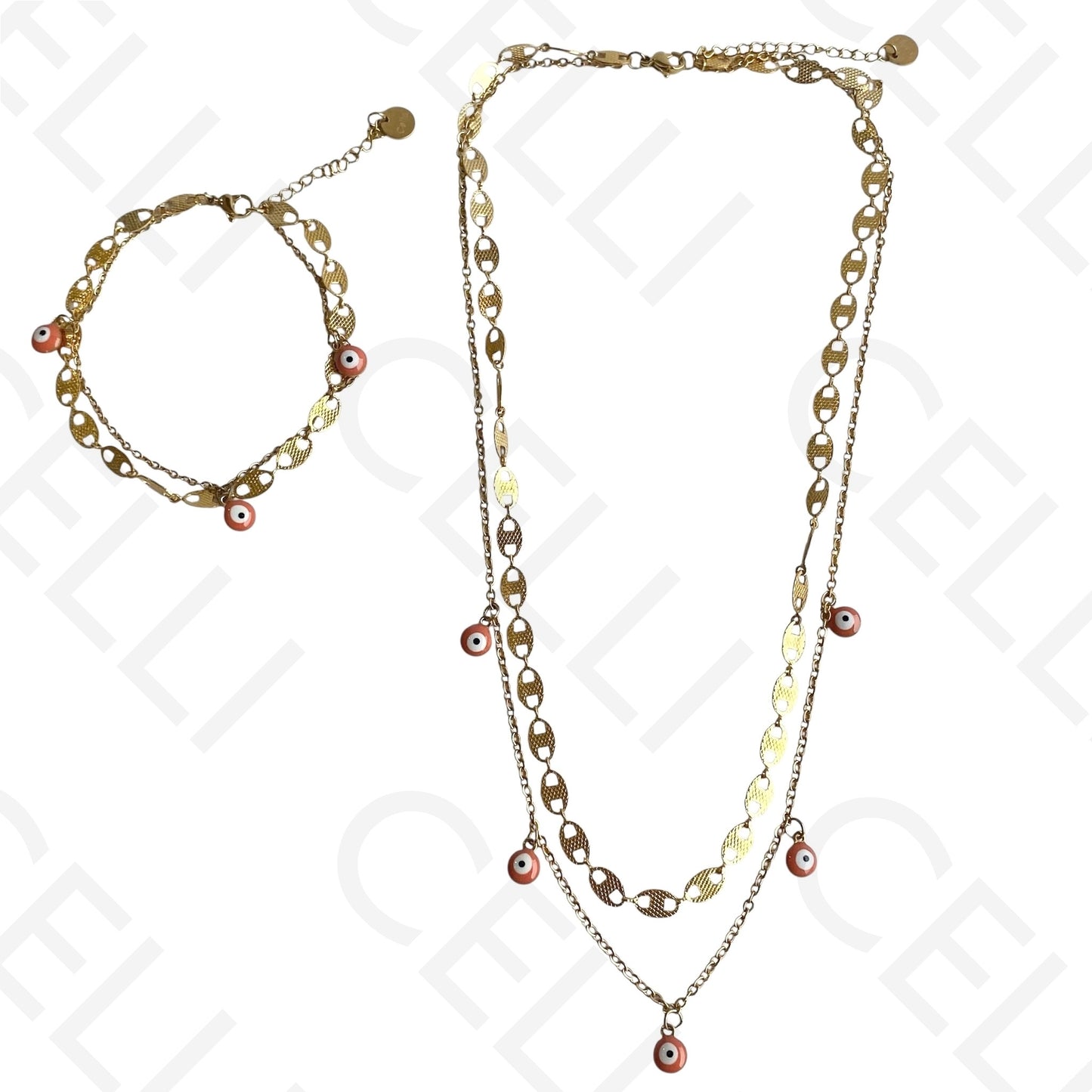 Double Steel Necklace/Bracelet - Orange Evil Eye