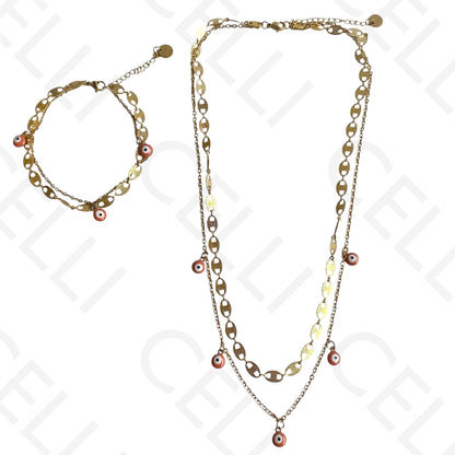 Double Steel Necklace/Bracelet - Orange Evil Eye