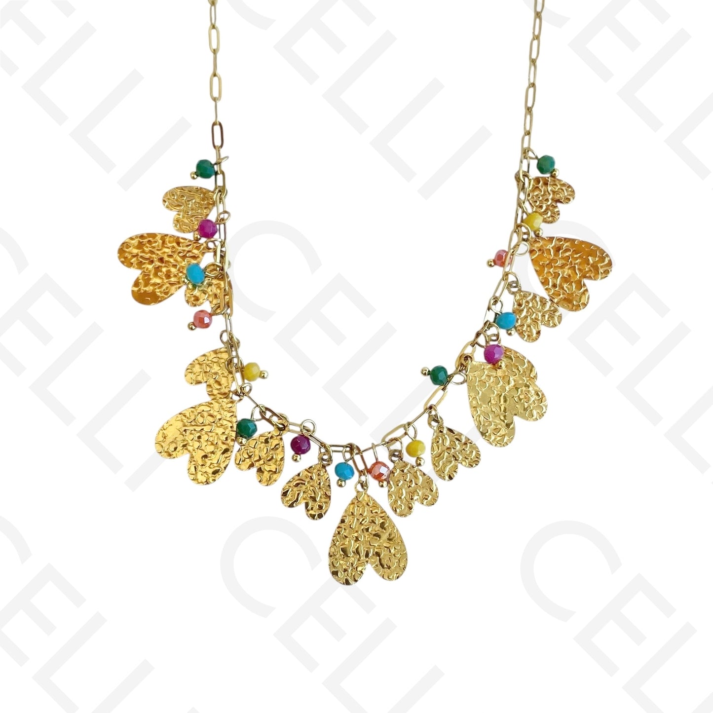 Colar de aço - multi pendentes de coração e cristais facetados