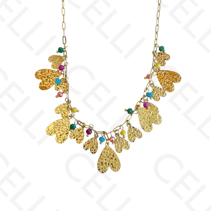 Colar de aço - multi pendentes de coração e cristais facetados