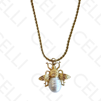 Necklace/Earring made of steel - bee with pearl