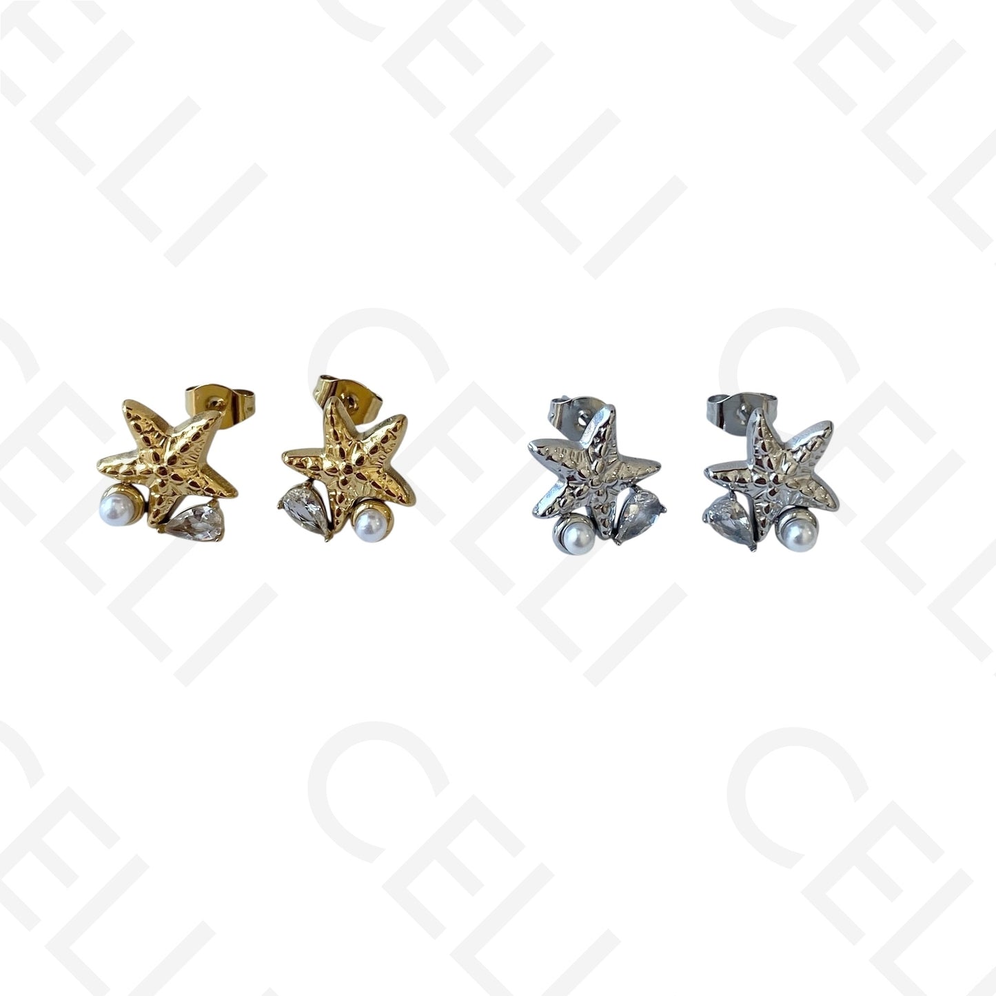 不锈钢耳环 - 海星配珍珠和闪钻