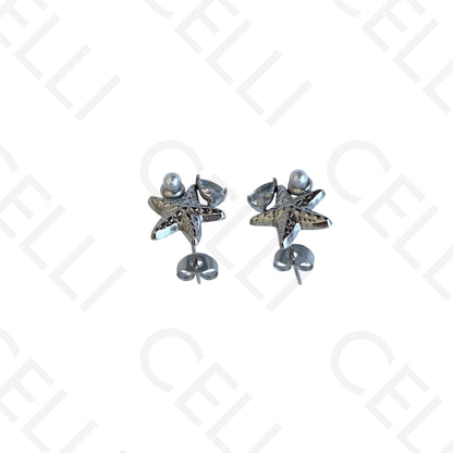 不锈钢耳环 - 海星配珍珠和闪钻