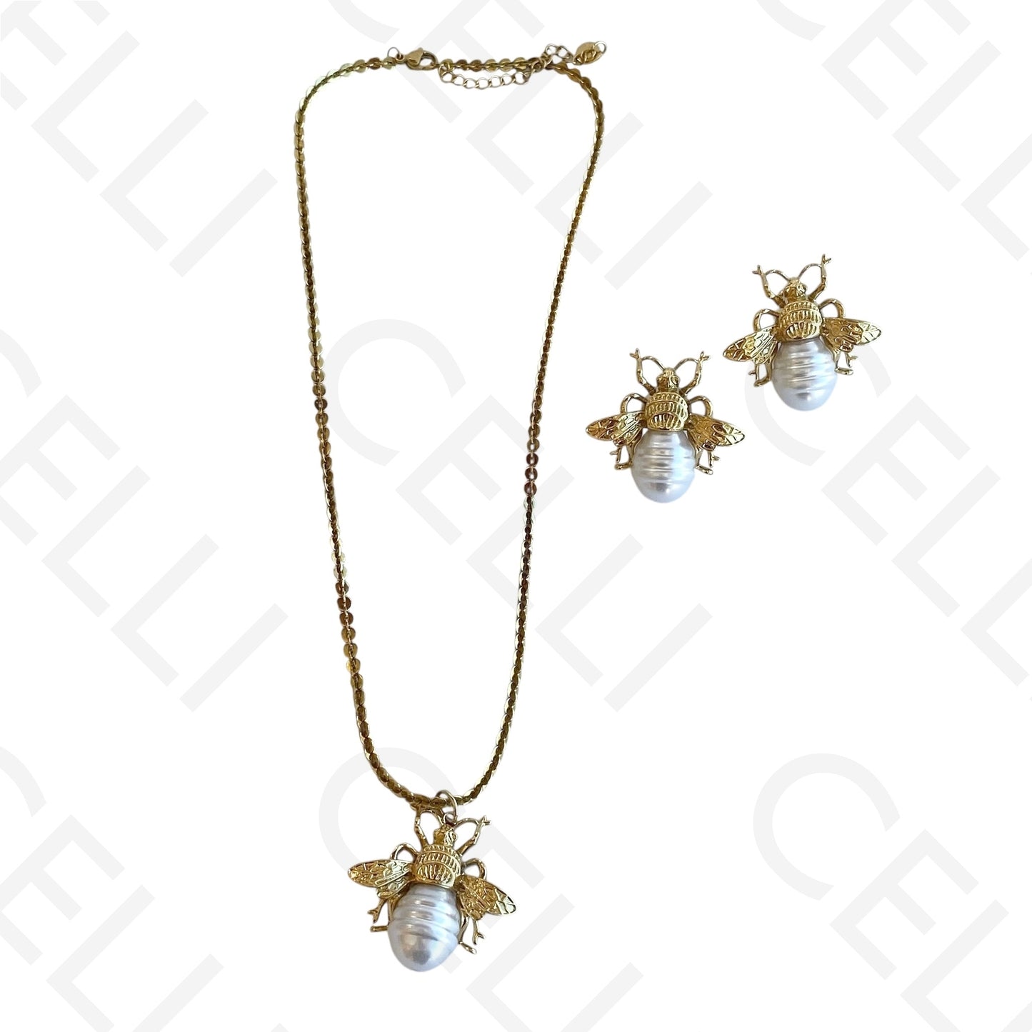 Necklace/Earring made of steel - bee with pearl