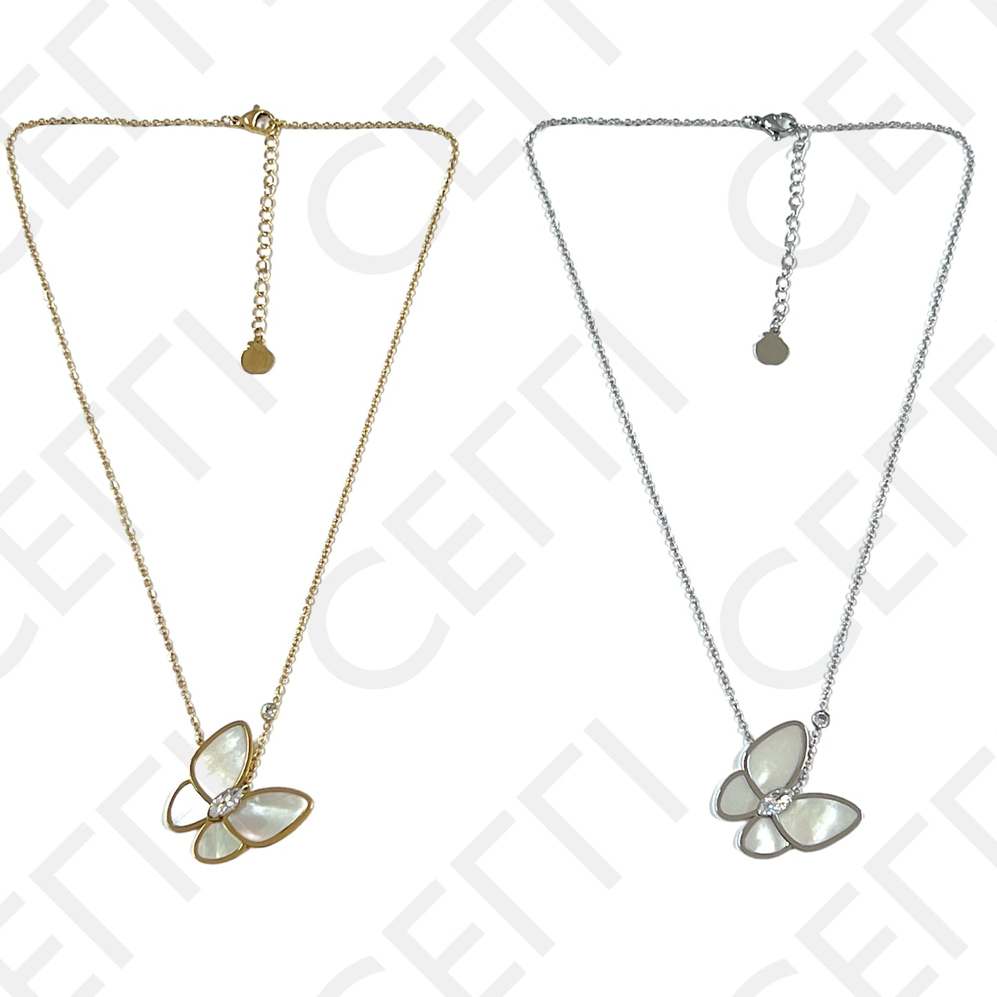 钢制项链 - 带珍珠母的蝴蝶