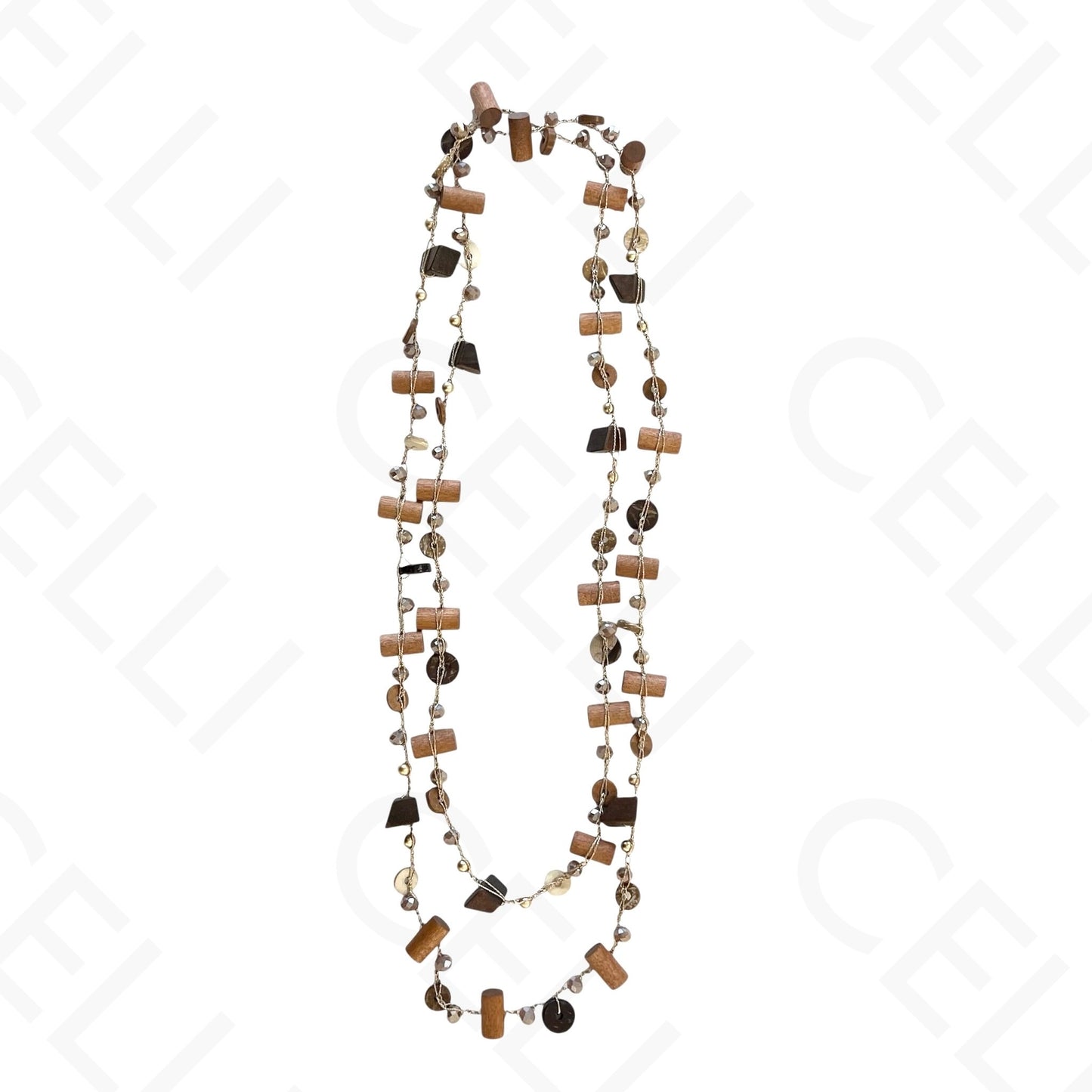Colar de moda - comprido com entremeios madeira