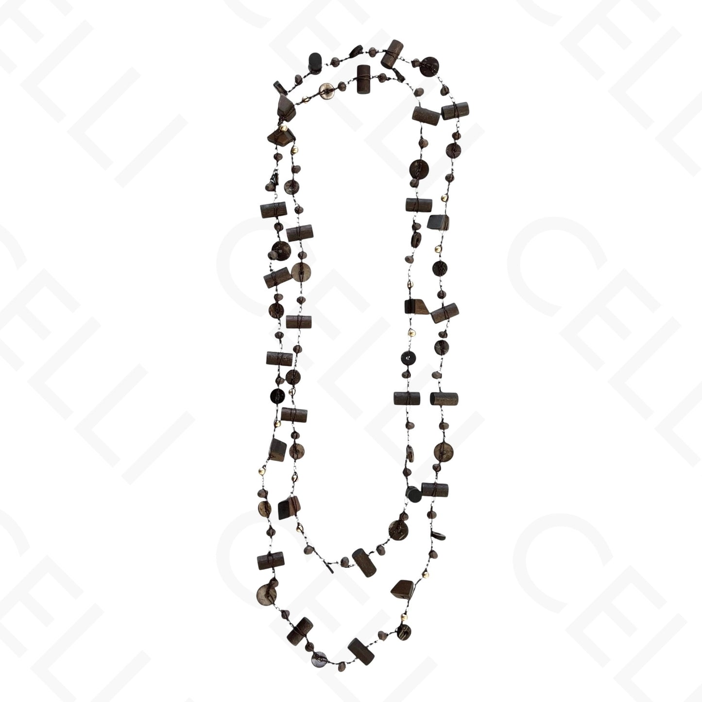 Colar de moda - comprido com entremeios madeira