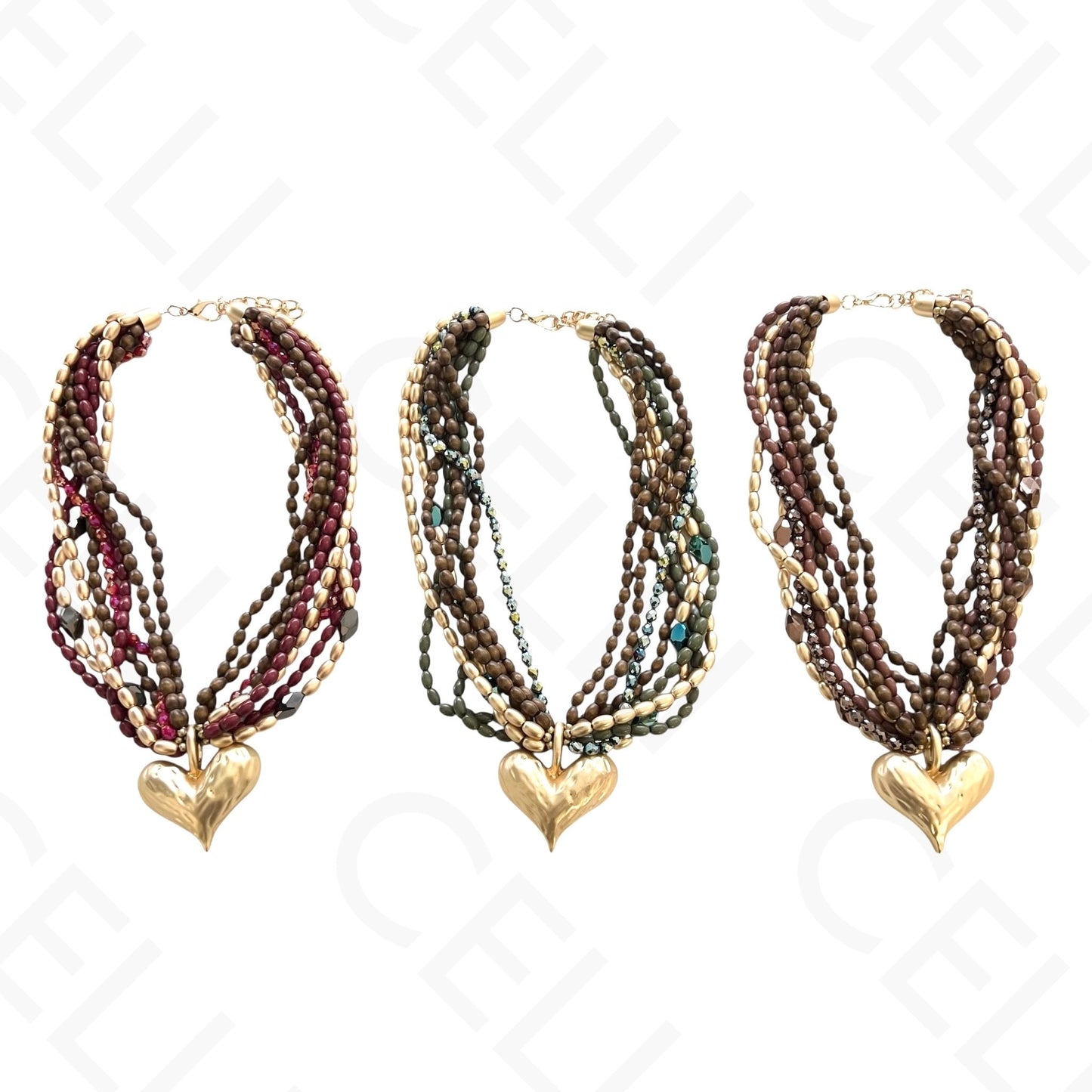 时尚项链 - 多层，木珠，心形