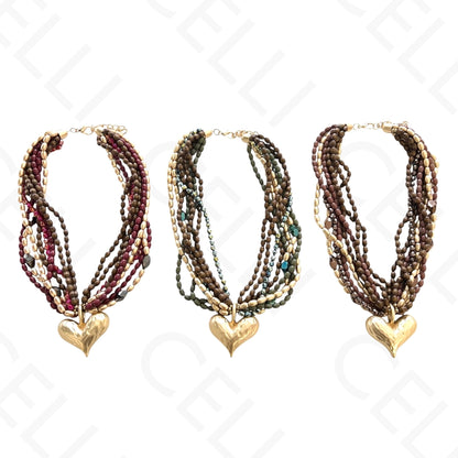 时尚项链 - 多层，木珠，心形