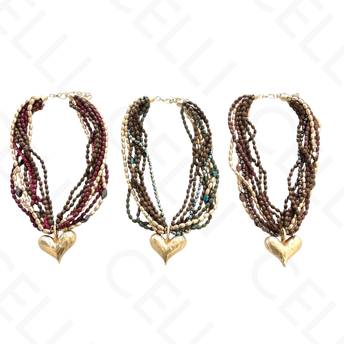 时尚项链 - 多层，木珠，心形