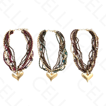 时尚项链 - 多层，木珠，心形