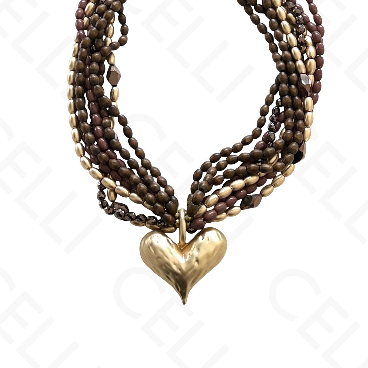 时尚项链 - 多层，木珠，心形