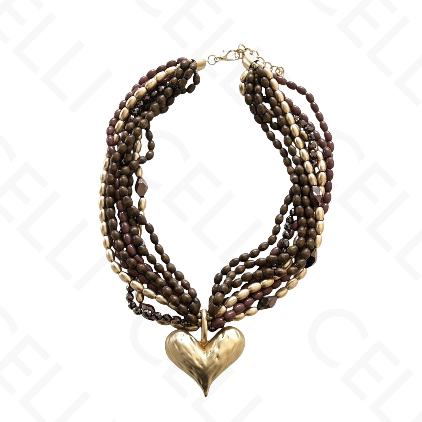 时尚项链 - 多层，木珠，心形