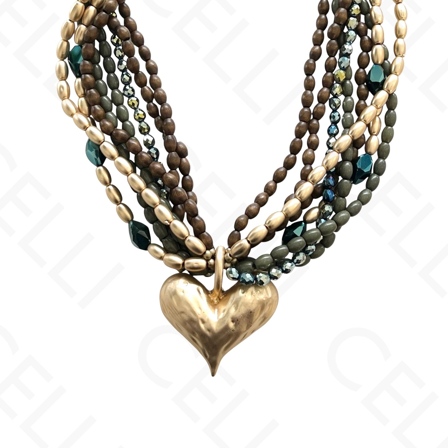 时尚项链 - 多层，木珠，心形