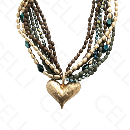 时尚项链 - 多层，木珠，心形