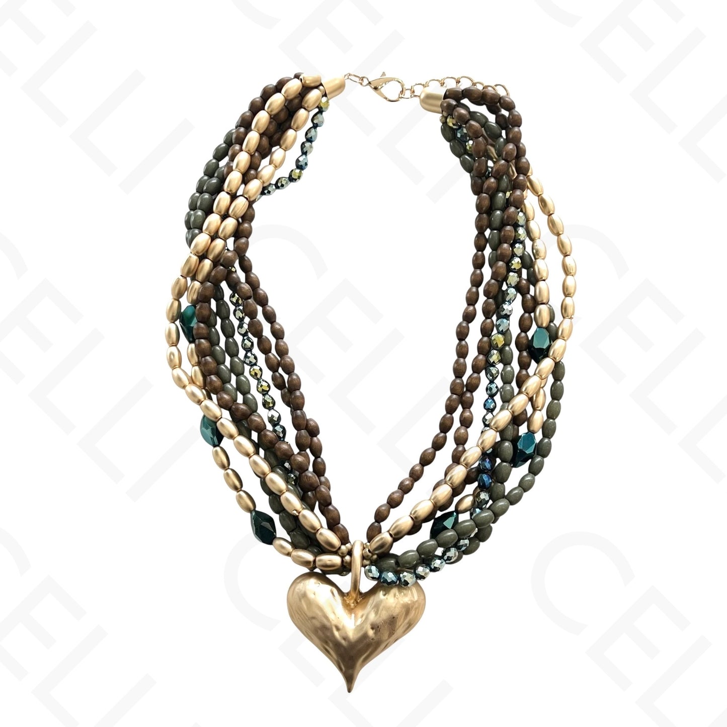 时尚项链 - 多层，木珠，心形