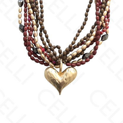 时尚项链 - 多层，木珠，心形