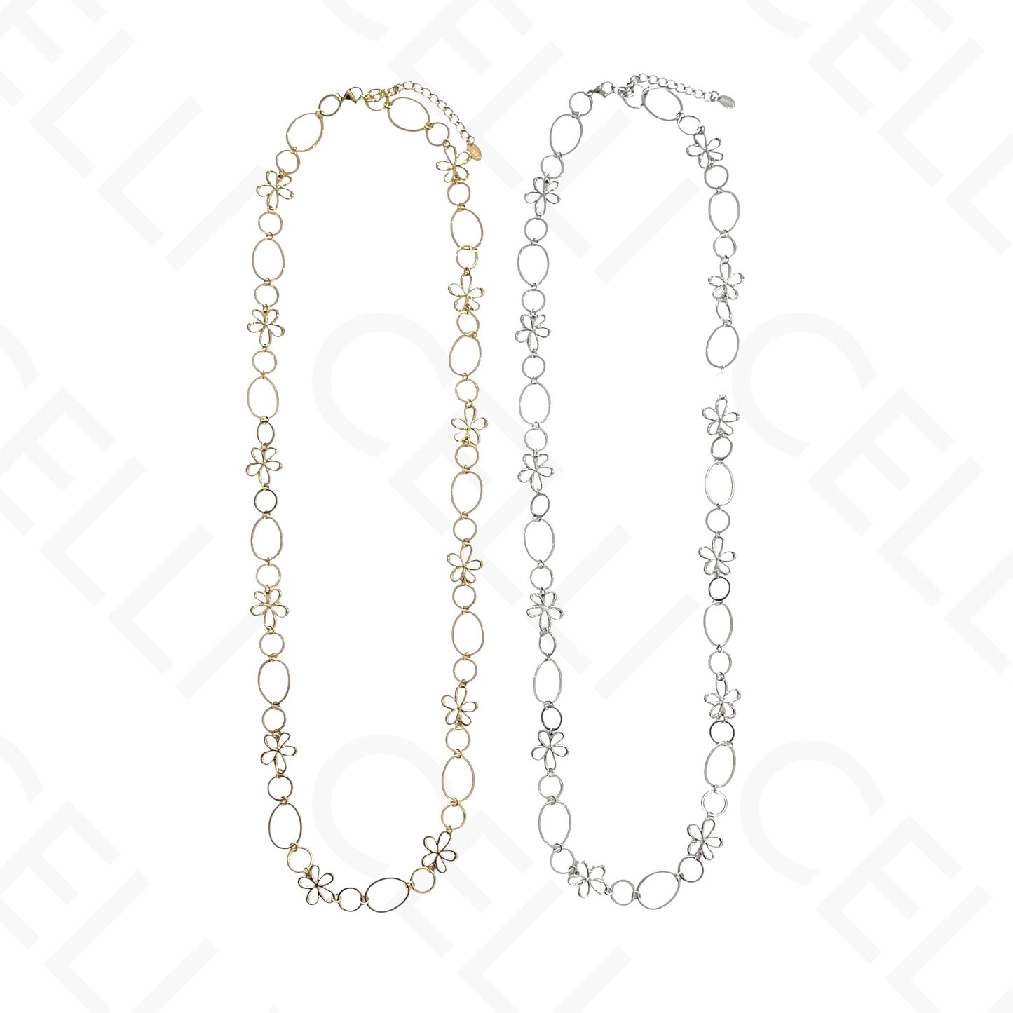 Colar de aço - malha comprida com flores entremeio