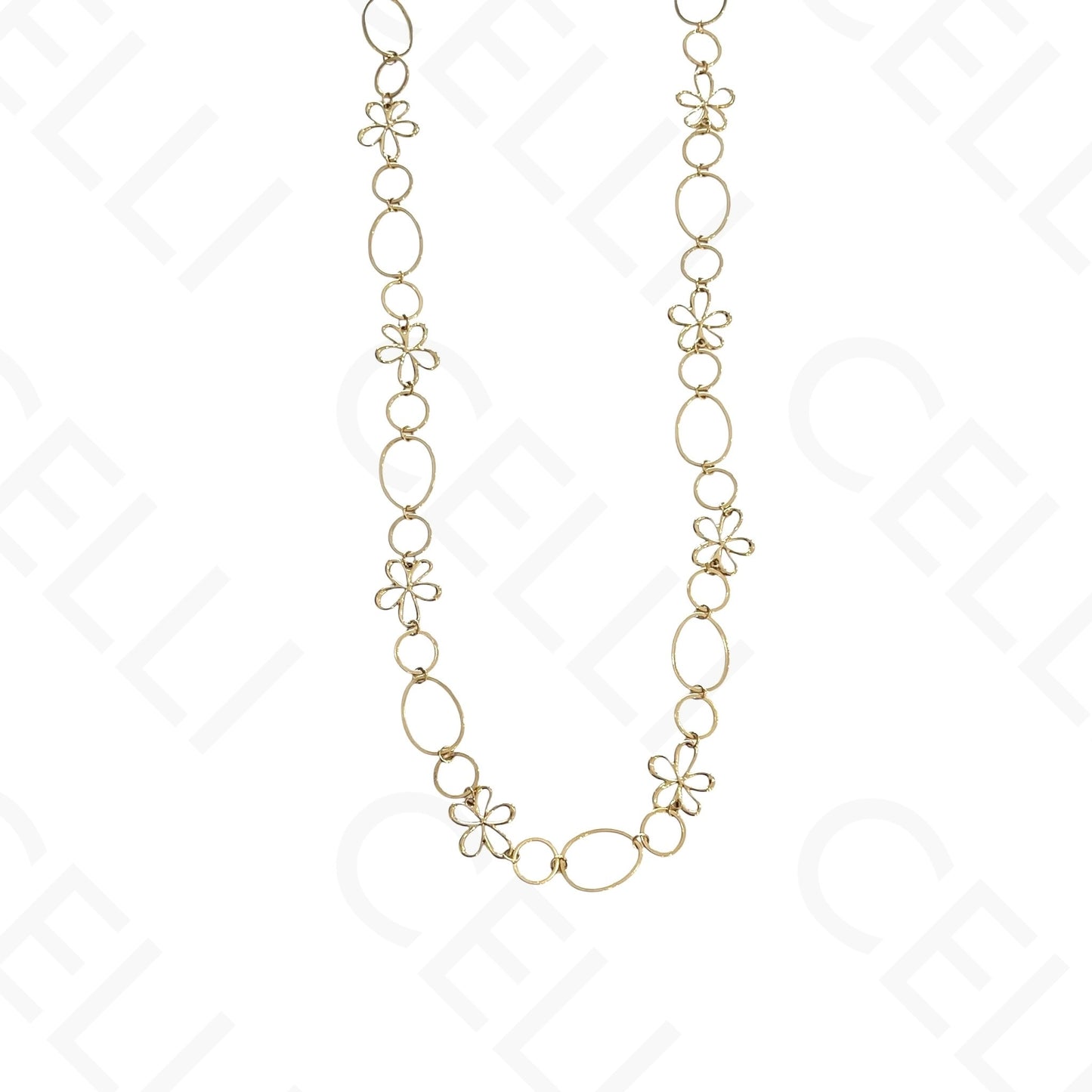 Colar de aço - malha comprida com flores entremeio