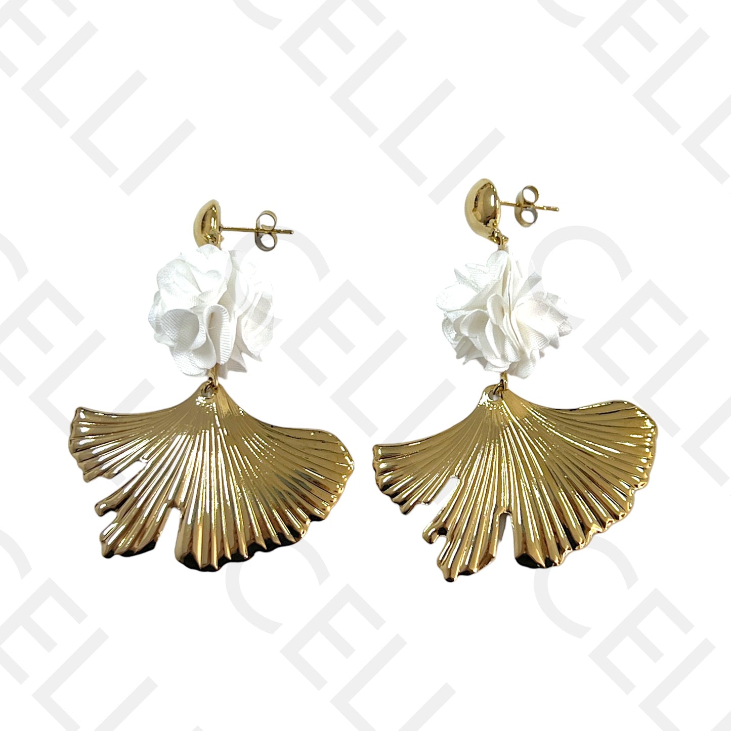 Steel Earring - Leaf and Fabric Ball