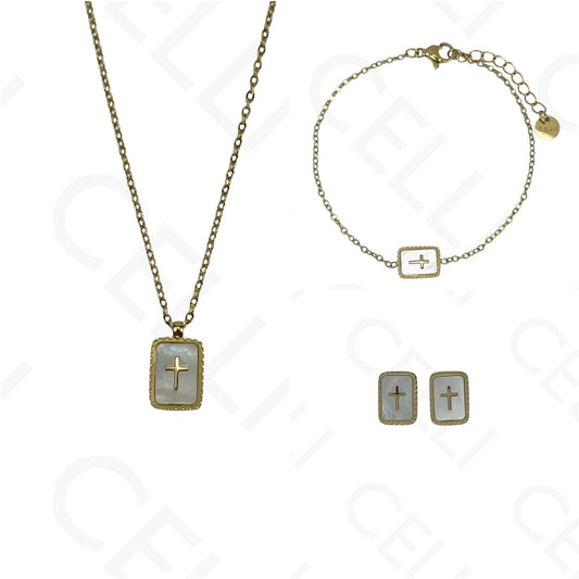 Colar/Brinco/Pulseira de Aço - cruz com madrepérola