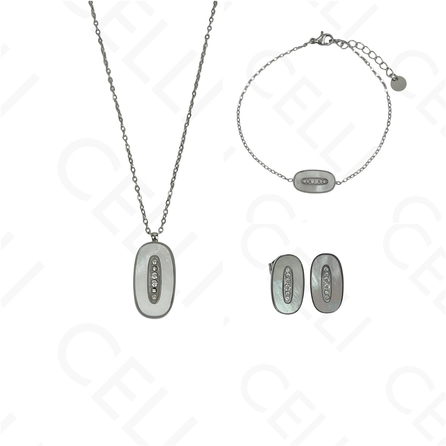 Steel Necklace/Earring/Bracelet - oval with mother-of-pearl