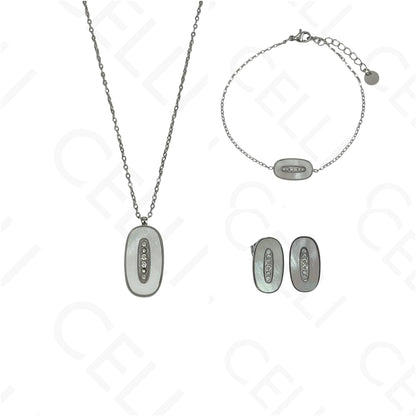 Steel Necklace/Earring/Bracelet - oval with mother-of-pearl