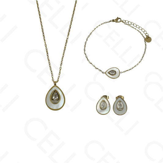 Colar/Brinco/Pulseira de Aço - oval abacate com madrepérola