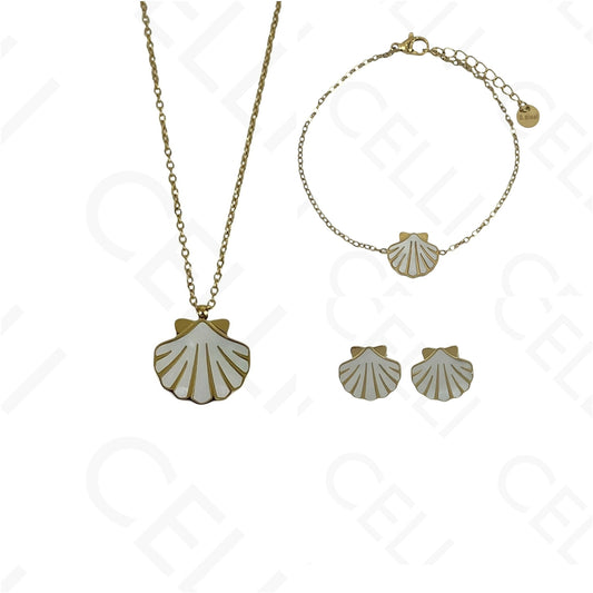 Colar/Brinco/Pulseira de Aço - concha com madrepérola