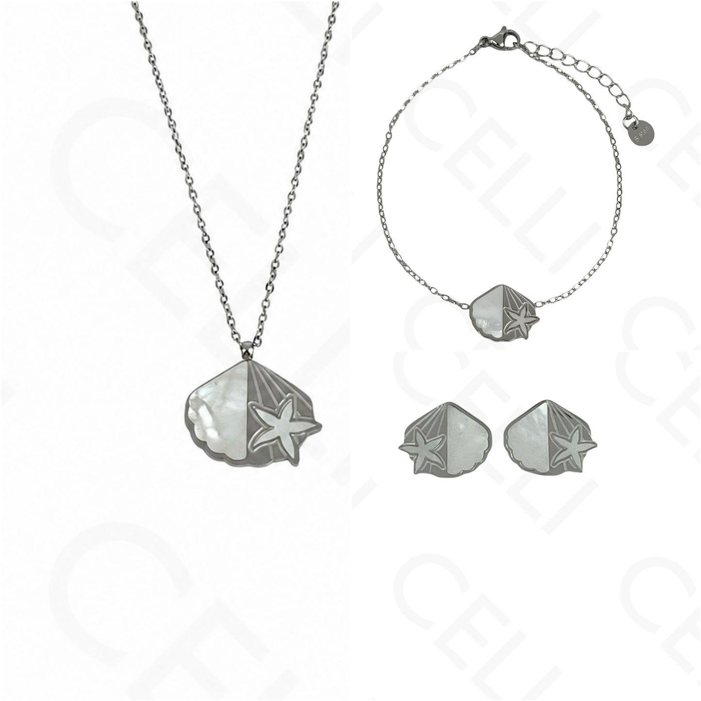 Steel Necklace/Earring/Bracelet - shell, starfish with mother-of-pearl