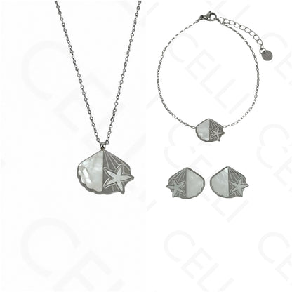 Steel Necklace/Earring/Bracelet - shell, starfish with mother-of-pearl
