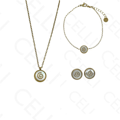 Steel Necklace/Earring/Bracelet - round with mother-of-pearl