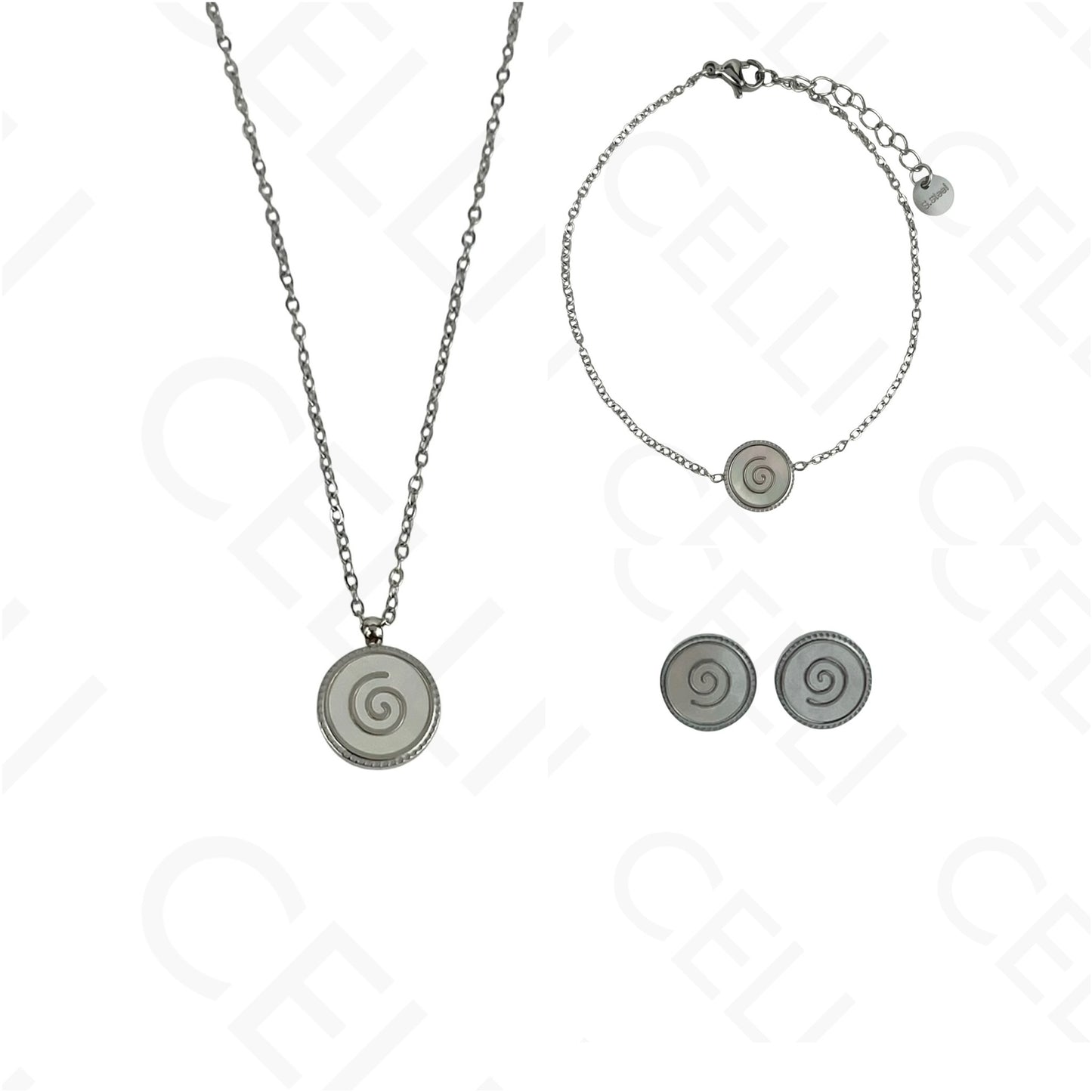 Steel Necklace/Earring/Bracelet - round with mother-of-pearl
