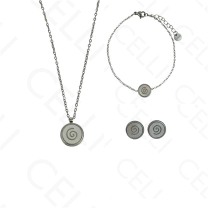 Steel Necklace/Earring/Bracelet - round with mother-of-pearl