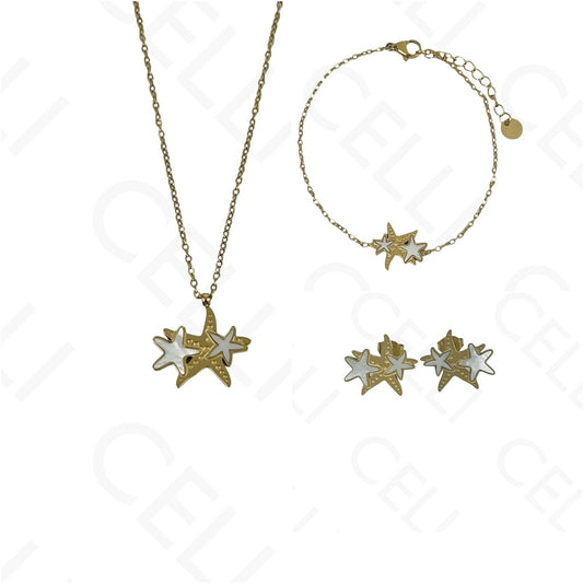 Colar/Brinco/Pulseira de Aço - estrelas do mar com madrepérola